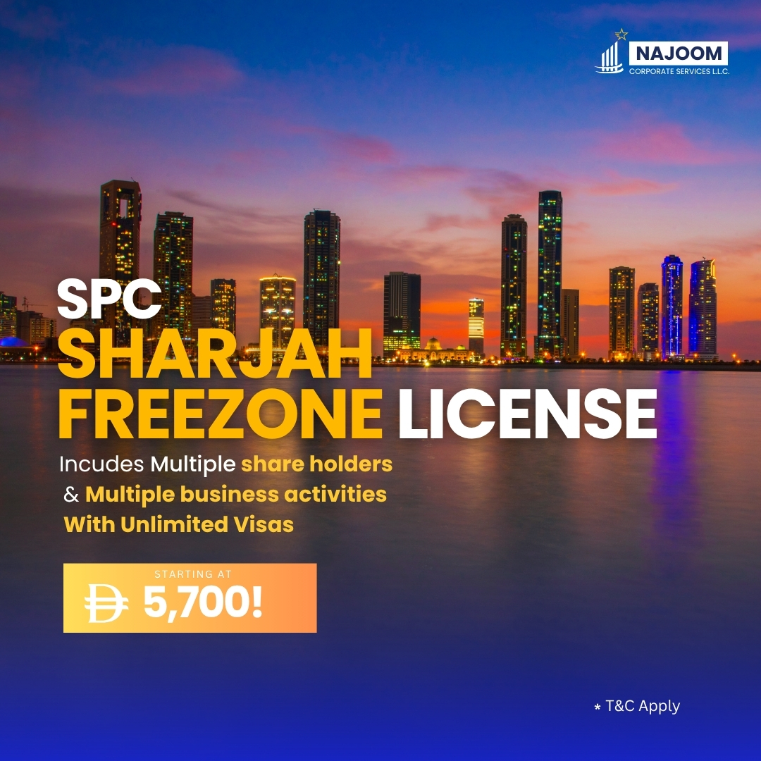 Sharjah Freezone (SPC) Business License with 5 Business Activities and Unlimited Visas at Najoom Corporate Services